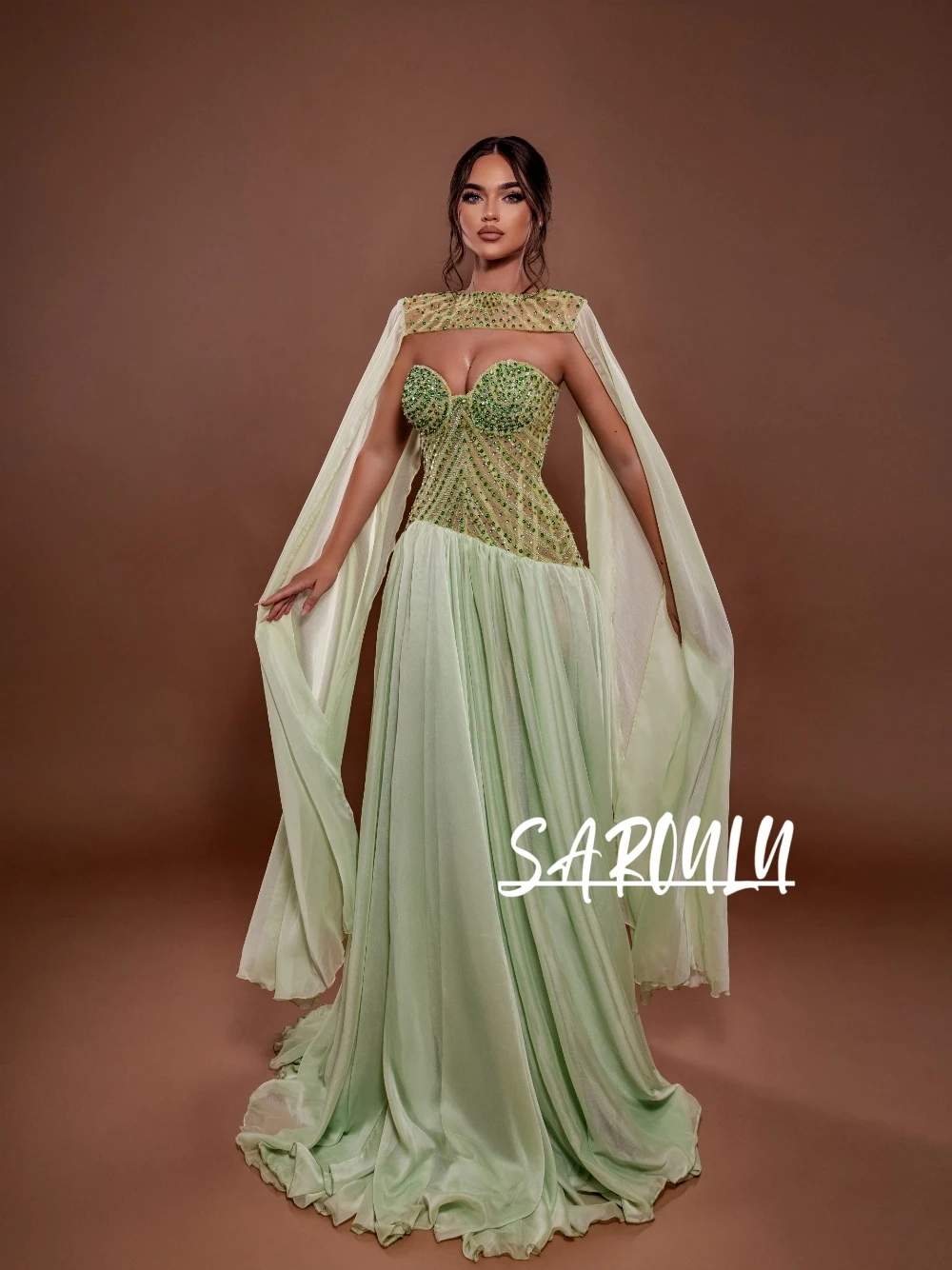 

Unique Green A Line Evening Dress With Cape Delicate Beaded Crystals Customized Cocktail Gown Flowy Shiny Celebrity Wear