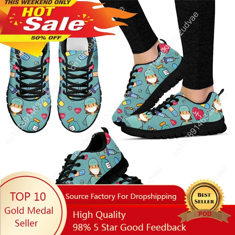 

Women Sneakers Hospital Nurse Heart Print Breathable Mesh Flats Shoes For Ladies Girls Casual Student Nursing Shoes New Fashion