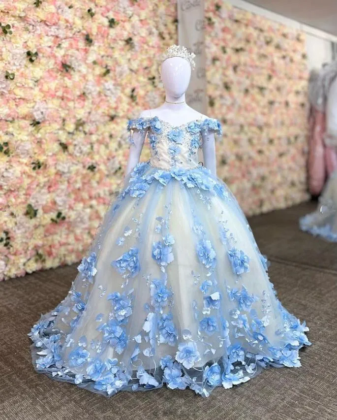 Off Shoulder Prinses Mini Quinceanera Jurken Voor Meisjes 3d Bloemen Applique Kleine Prinses Trouwfeest Bloemenmeisje Jurk