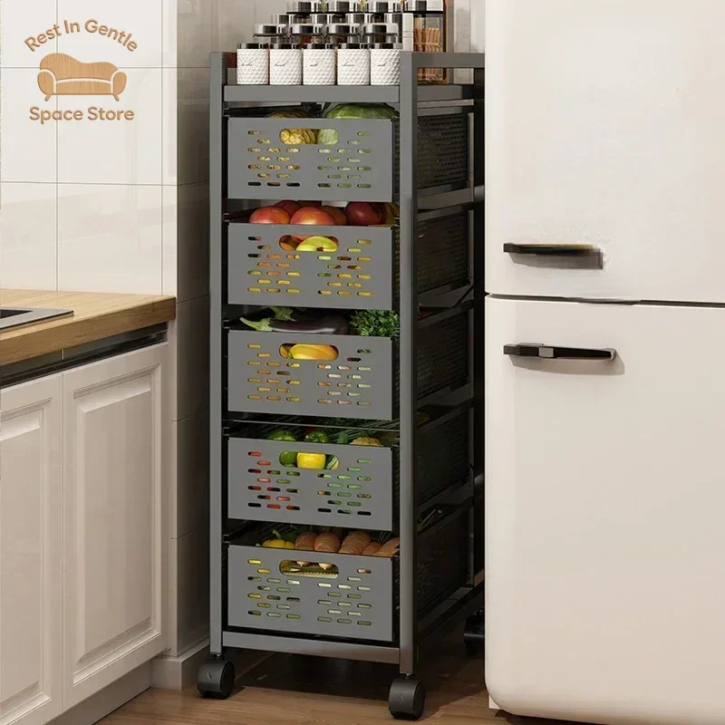 Multi Layer Drawer Type Floor to Ceiling Slotted Storage Shelf, Perfect for Kitchen Vegetable and Seasoning Organization