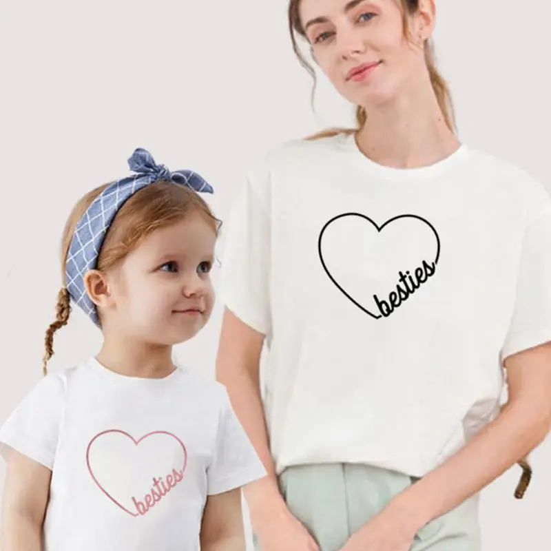 Heart Mama Mini Family Matching Outfits T-shirt Women Besties Mother Daughter Me Tops Girl Mommy Baby Clothes Tee