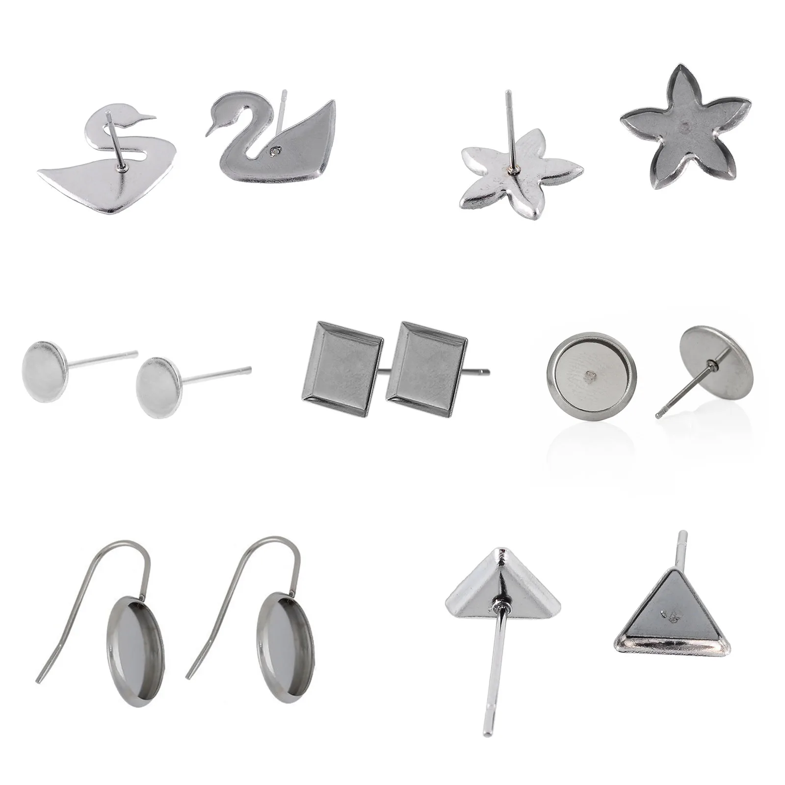 Stainless Steel Earrings Base Geometric Round Flower Stud Earring Posts Connector Silver Color For Diy Jewelry Making Supplies