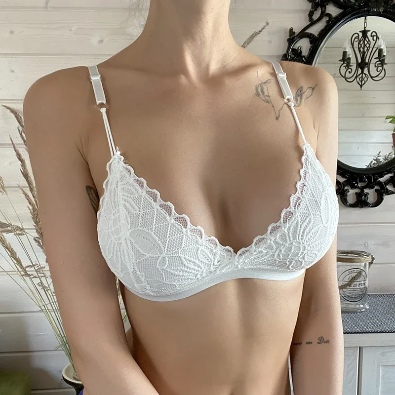Women Deep V Floral Lace Wire Free Bralette Seamless Soft Triangle Cup Push Up Intimates Daily Breathable Underwear Two Piece Kit