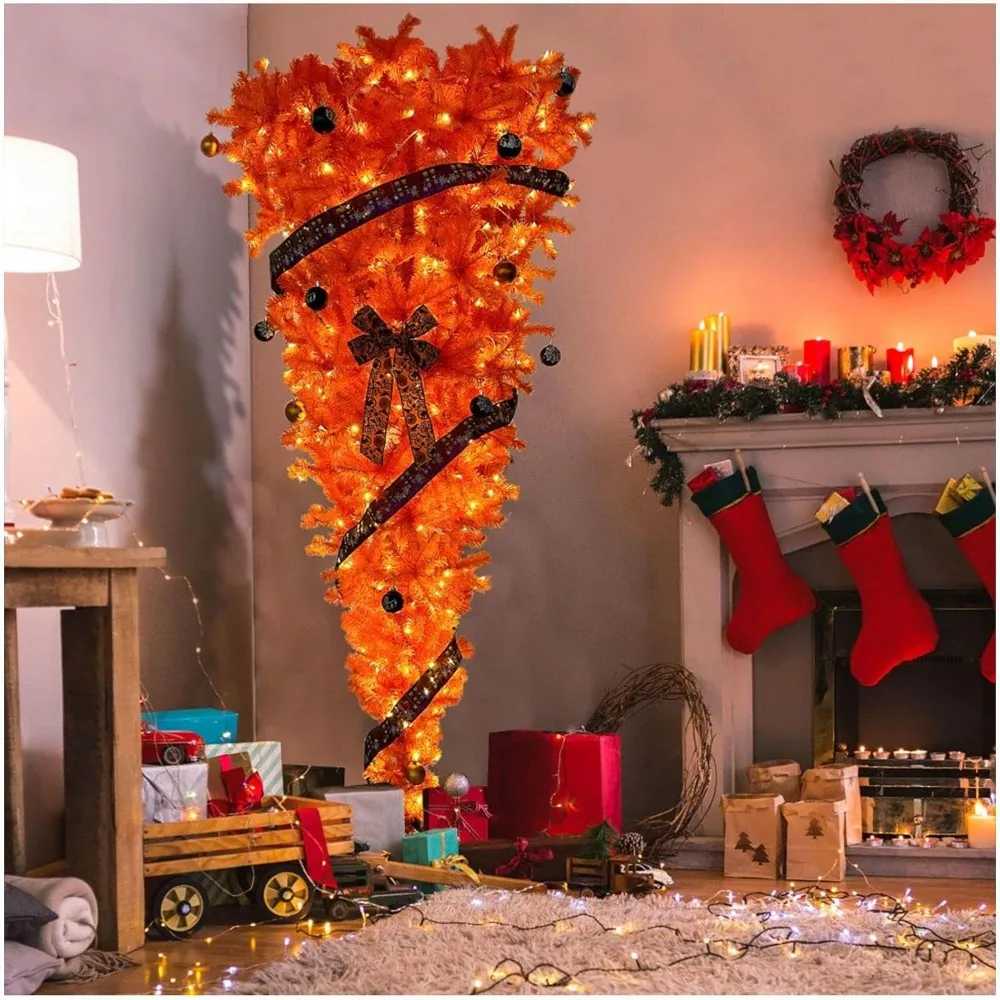 Christmas Trees Equipped with 300 LED Warm Lights, Orange, Inverted Pencil Tree Christmas Themed Decorations and Ribbons