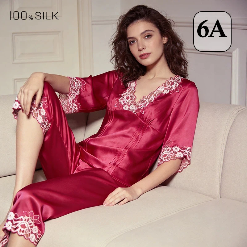 100% Mulberry Silk Pajamas Women 2026 Spring Summer Luxury Mid Sleeve Homewear Elegant Daily Outdoor Loungewear Set view 3