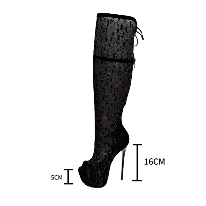 

Black Thigh High Stiletto Heels Boots Sexy Lace Sandal Boots Woman Open Toe Platform Heels Ladies Summer Shoes Plus Size Boots