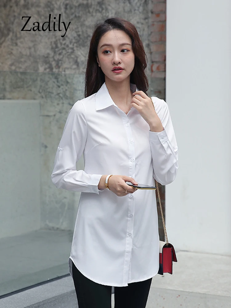 Minimalist Full Sleeve Women Long White Shirt And Blouse Korea Style Button Up Loose Tunic Autumn Turn Down Collar Bf Clothing