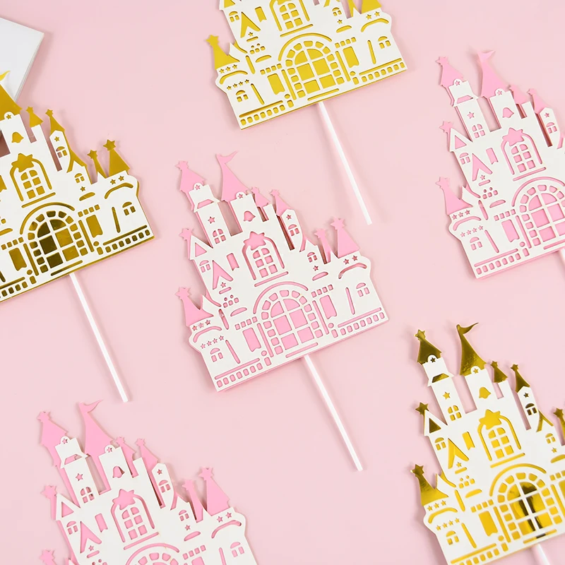 5Pc Cartoon Fairy Tale Castle Pink Gold Cake Decoration Princess Little Prince Happy Birthday Party Kids Cupcake Topper