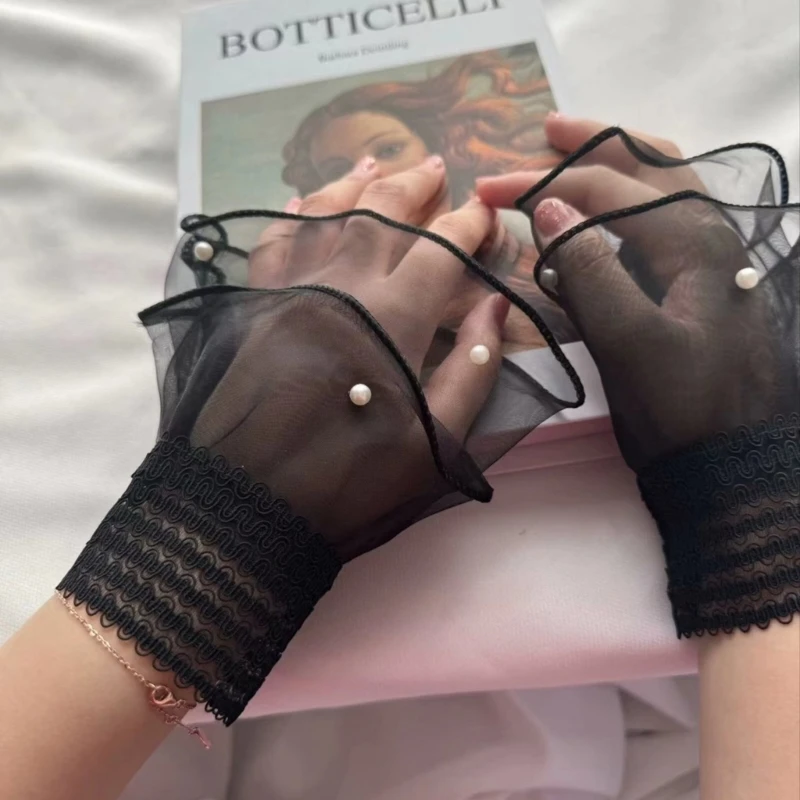 E15F Sarung Tangan Wanita Bergaya Mutiara Berlapis Jaring dengan Lengan Palsu Berumbai dan Manset Renda untuk Pesta Malam Aksesori Sarung Tangan