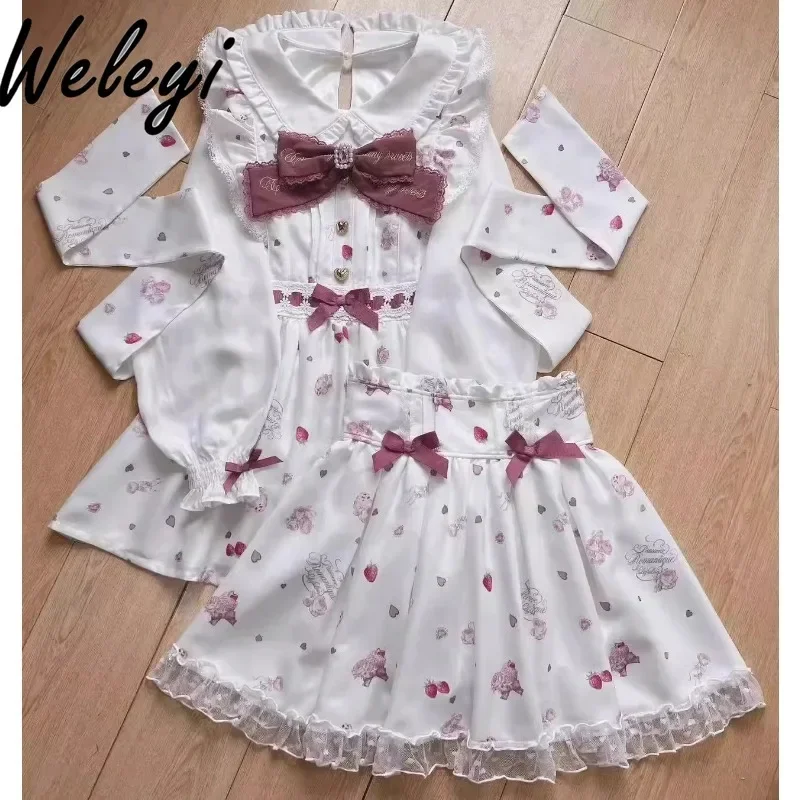 Lolita Bow Aardbei Bedrukte Rokken Pak Japanse Lente en Zomer Zoete Massa Geproduceerde Mijn Chiffon Peter Pan Kraag Rok Set