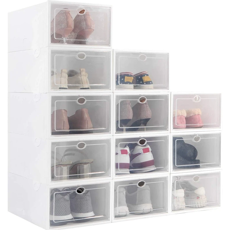 

LUDA Stackable Shoe Storage Box, Foldable Clear Plastic Shoe Organizer 12 Pack, Need To Be Assembled (White)