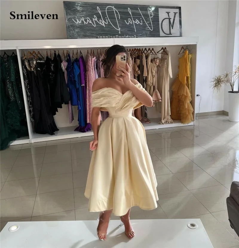 

Smileven Champagne Short Evening Dress Tea Length Off The Shoulder Satin robe de soirée Side Split Bidycon Prom Party Gowns