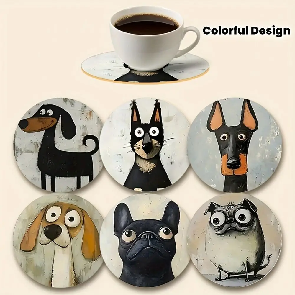 6pcs Portable Heat Insulation Wooden Dog Coasters Cute Pattern Drink Protection Cute Design Coasters Home Coasters Tea Time