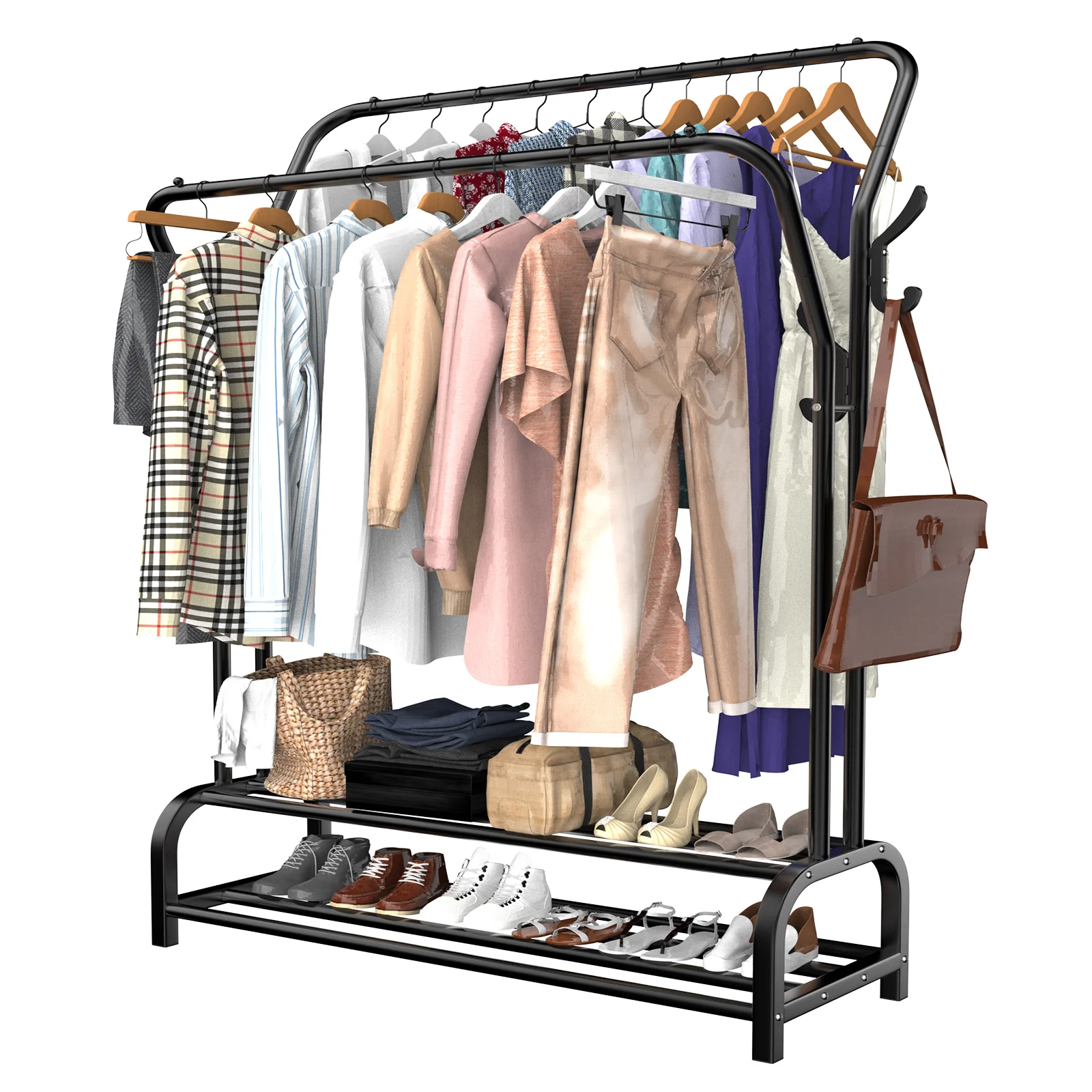 LOEFME Heavy Duty Clothes Rail Coat Stand, Free Standing Double-Rail Clothes Rack, Minimalist Durable Garment Rack+ Shoe Rack