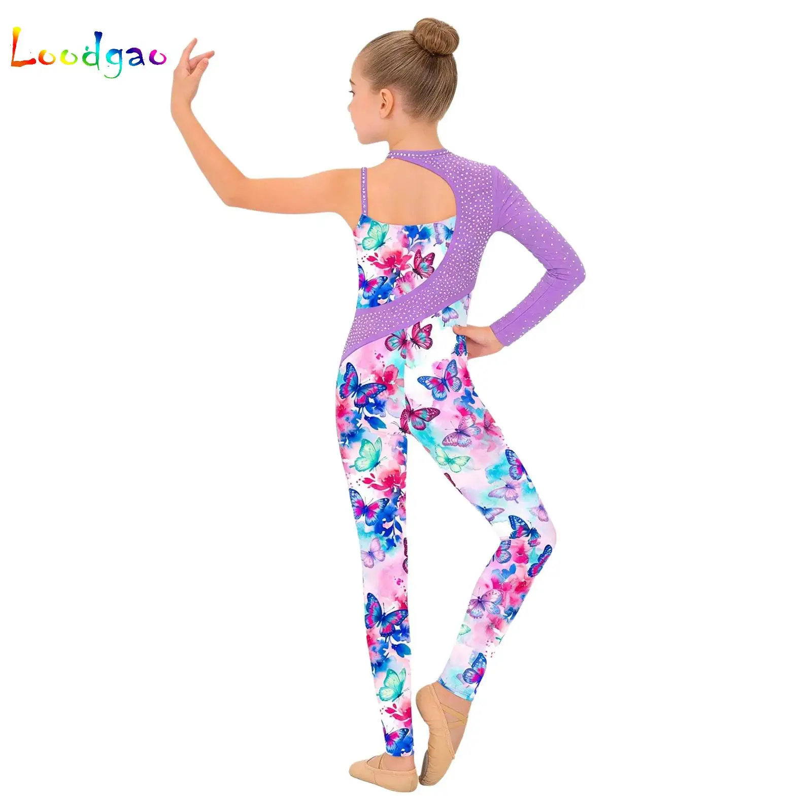 

Kids Girls Asymmetrical Full Length Bodysuit Rhinestone Printed Gymnastics Ballet Dance Jumpsuit Performance Competition Clothes