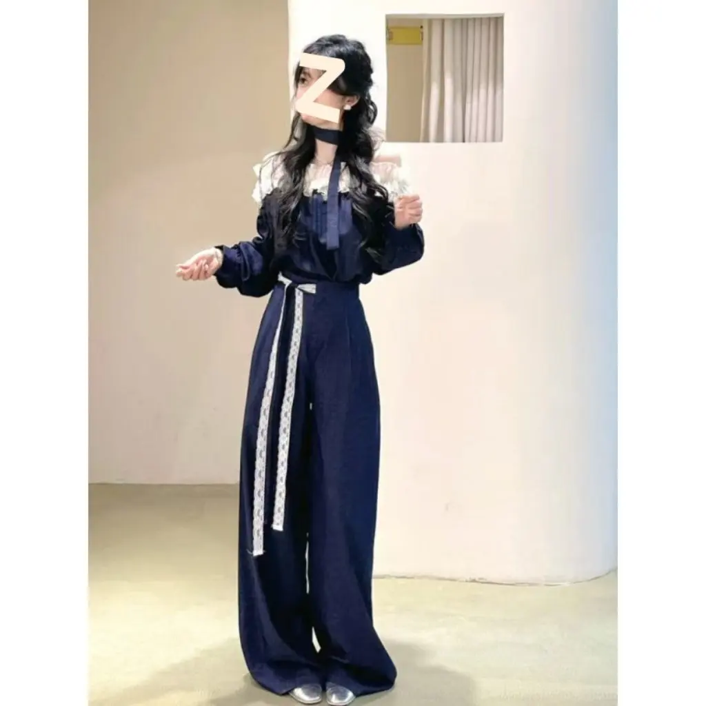 

Корейский стиль, кружевной топ на одно плечо и широкие брюки с высокой талией, комплект из двух предметов, утягивающий вид, весенний новый стиль, женская мода