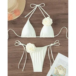 Summer Women Solid Color Swimsuit Sexy Flower Backless Pure Cotton Swimsuit Fashion Suspender Split Style Bikini Set