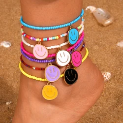 Aihua 7pcs/set Handmade Bohemian Beaded Round Smile Face Anklet For Women Summer Foot Ankle Bracelet Set Beach Jewelry Gifts