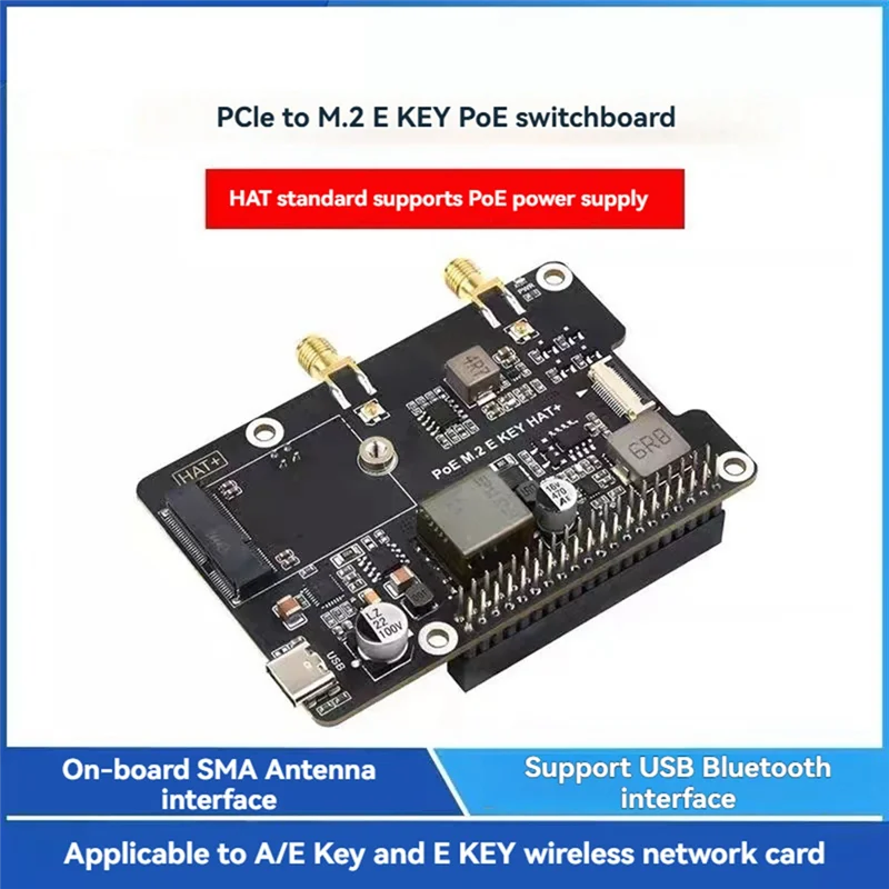 BNVN-For Raspberry Pi 5 Pcie To M.2 E KEY With Poe HAT+ Supports NGFF Wireless Network Card/Bluetooth For RPI 5