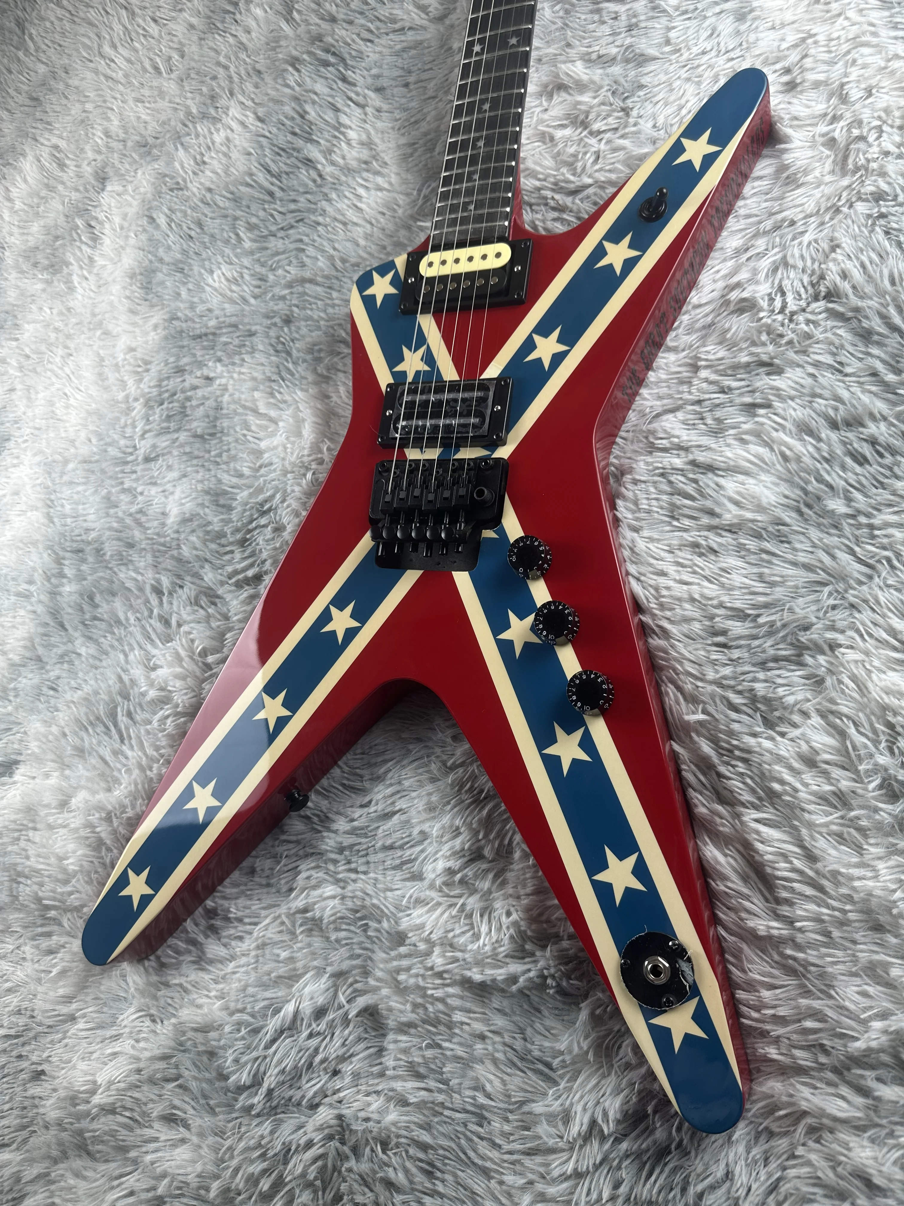 Irregular electric guitar,  Red transfer printed electric guitar with customized five-star inlay , bright light, in stock, fast