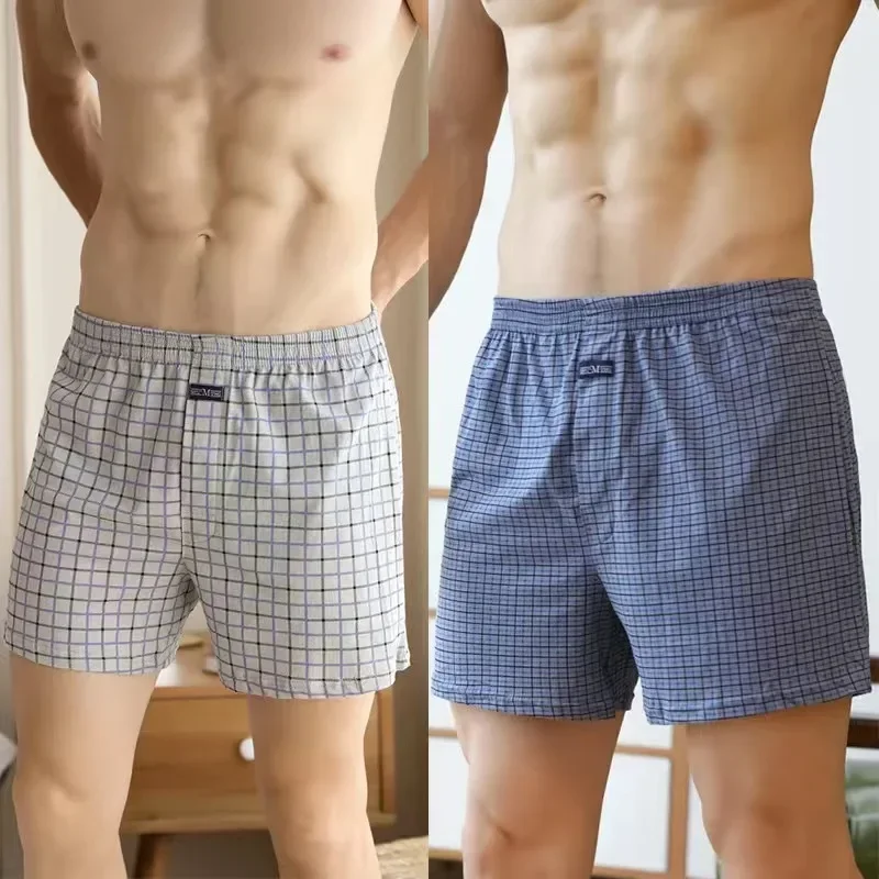 Plus Size 100% Cotton Plaid Boxer Shorts Men Widen Waist Elastic Underwear Loose High Waist Summer Thin Breathable Home Shorts image 2