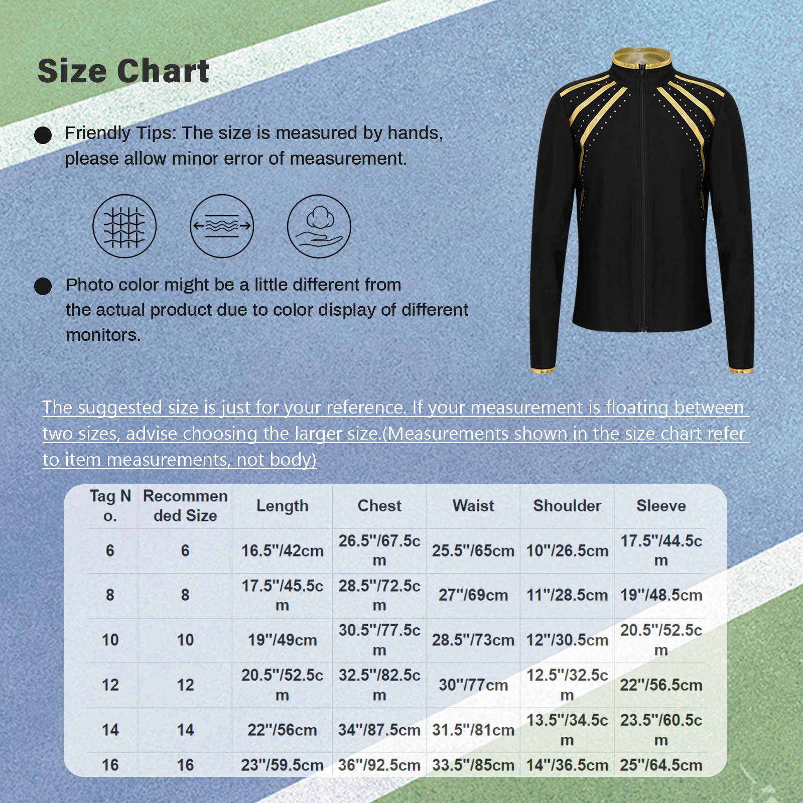 Kids Girls Figure Skating Gymnastics Workout Costume Shiny Metallic Striped Jacket Stand Collar Long Sleeve Zipper Sweatshirt