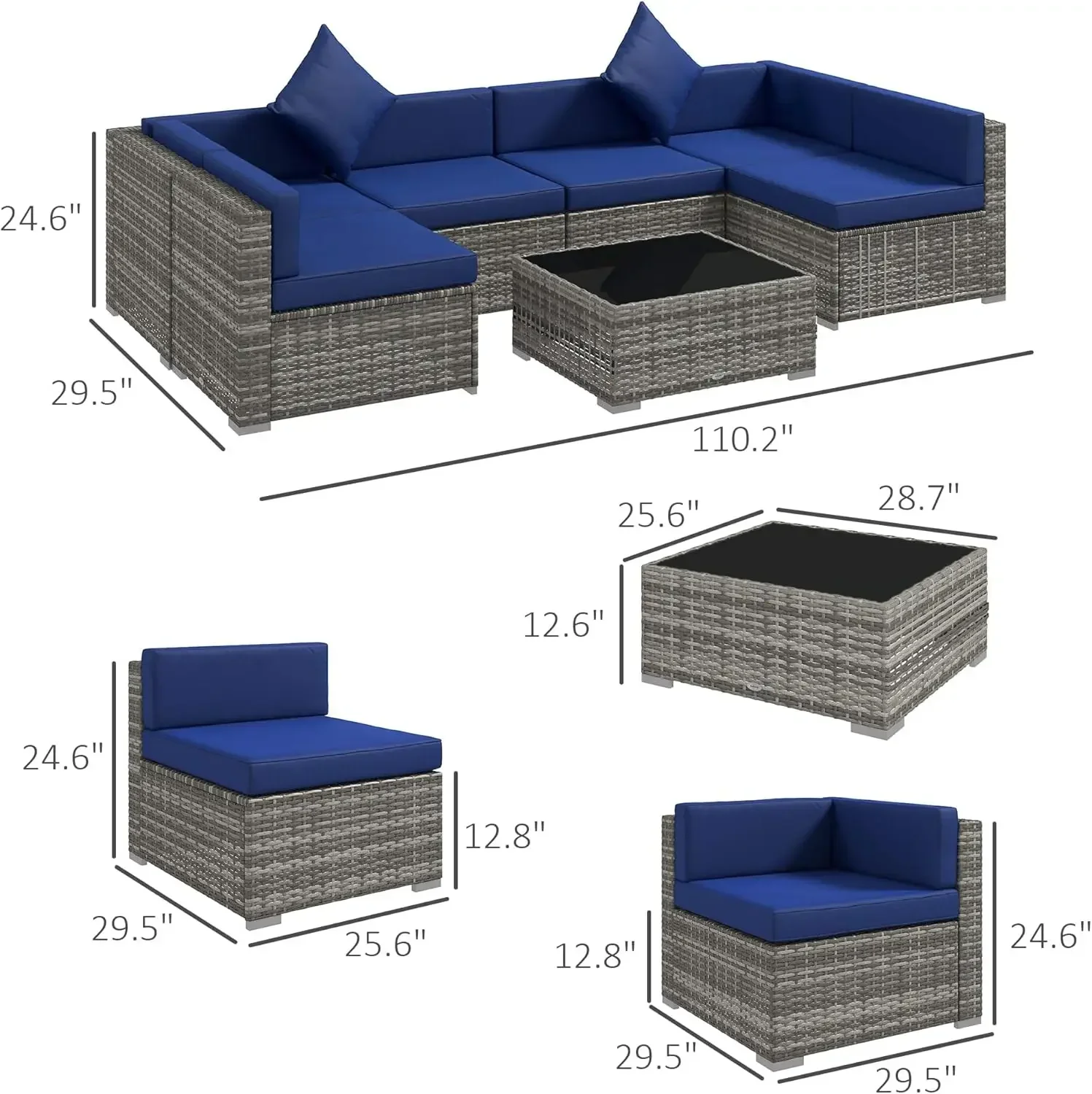 All Weather PE Rattan Sectional Sofa Set with Cushions and Tempered Glass Top Coffee Table, Pillows, Blue