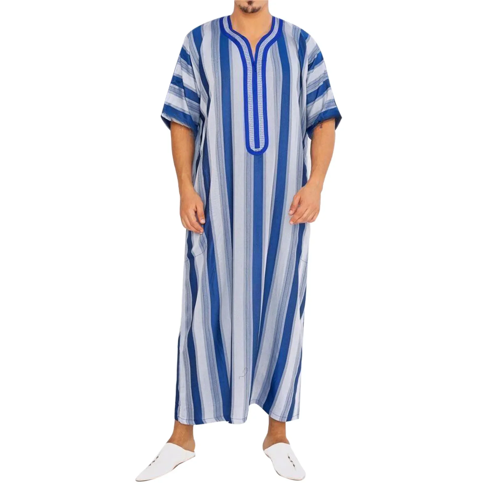 Muslim Men\'s Clothing Robe Thobe Striped Printed Short Sleeve Robe Thobe Islamic Arab Robe Costume Abaya Muslim Man Thobe