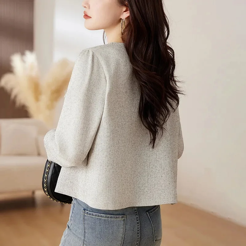 Spring Autumn Short Casual Jacket 2024New Round Collar Single-Breasted Women's Clothes Outeawer Solid Colour Fashion Coat Female