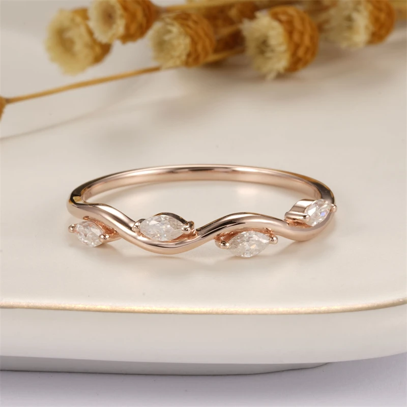 CxsJeremy Solid 14K 585 Rose Gold Curved Wedding Band Unique Marquise Cut Moissanite Ring Bridal Stacking Matching Promise Gifts