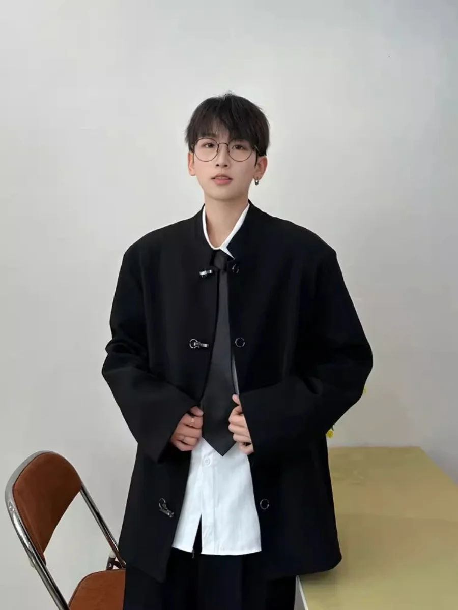 

k Sle Retro Design Men's Suit Jaet Stand Collar Metal Bule Trendy Streetwear Youth Faion Long Sve Color