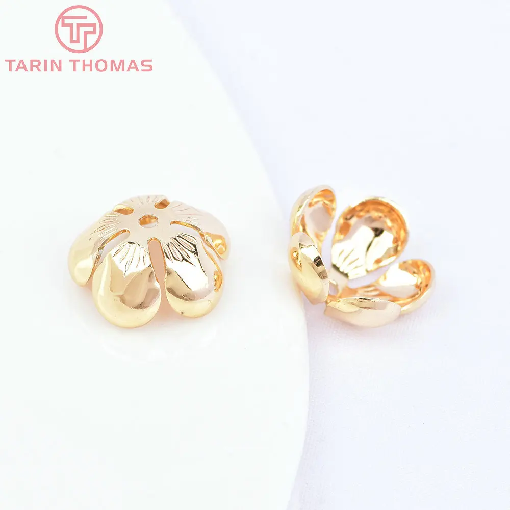 (4345)10PCS 13MM 24K Gold Color Plated Brass 3D Flower Spacers Beads Caps Diy Jewelry Findings Accessories wholesale