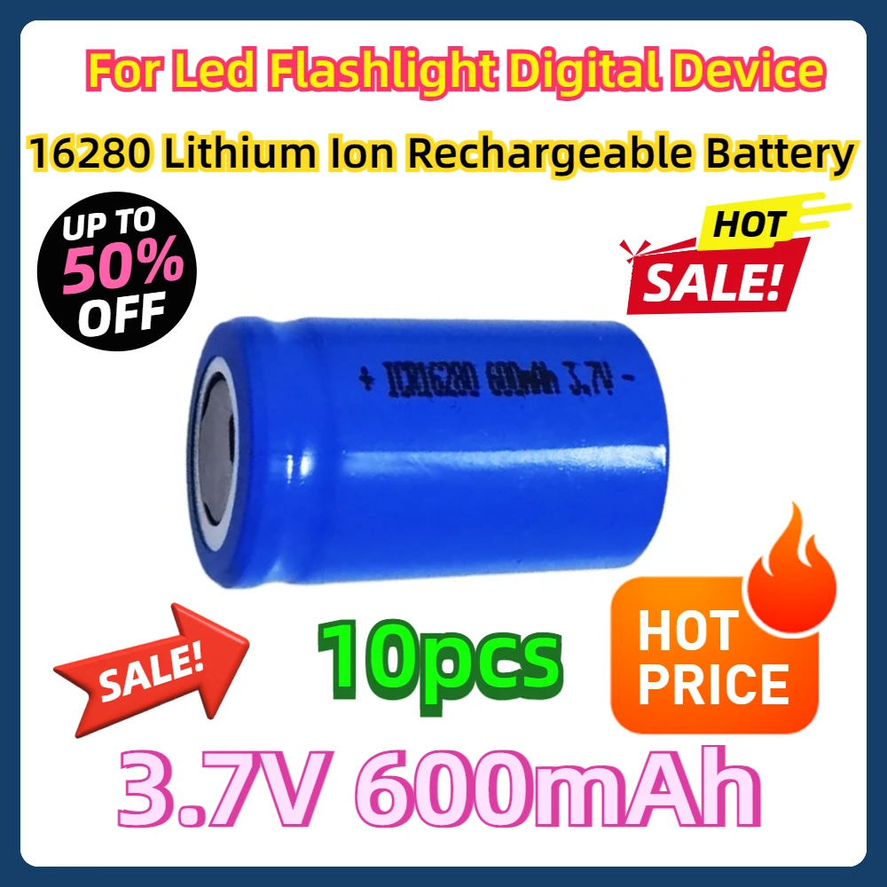 

10pcs For Led Flashlight Digital Device 3.7V 16280 Lithium Ion Rechargeable Battery 600mAh Li-ion Cell Baterias