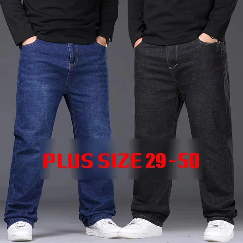 29-50 Sizes Men's Stretch Jeans Straight Leg Denim Pants Extended Sizing Blue/Black Streetwear Relaxed Fit for Work & Casual
