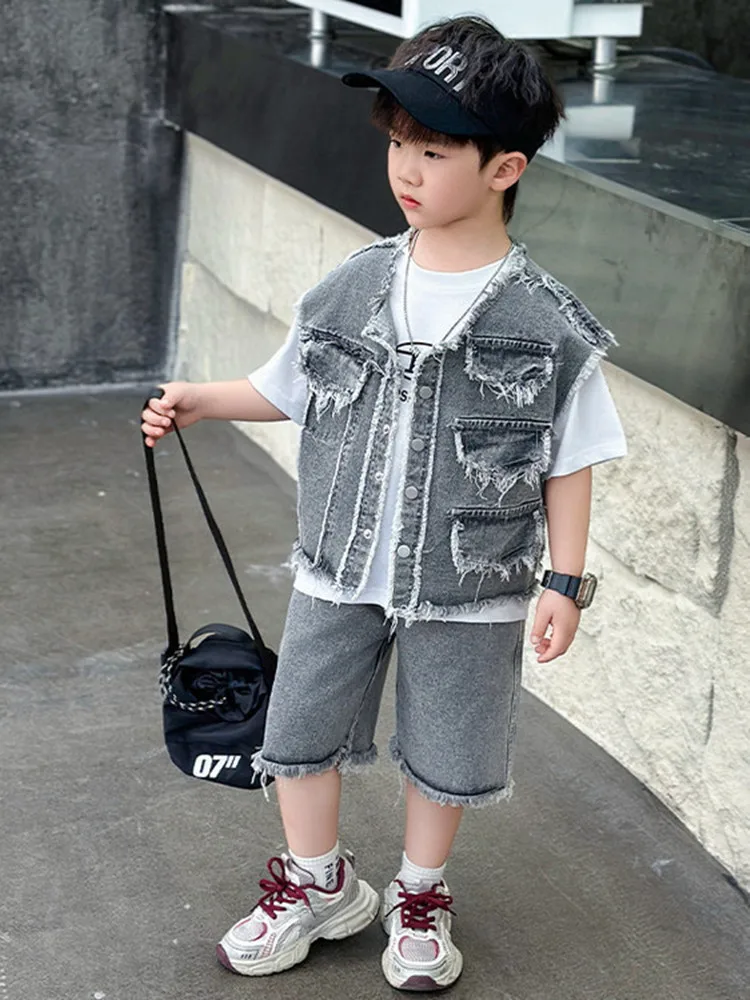 

Костюм для маленьких мальчиков, повседневные комплекты для мальчиков, детский джинсовый жилет + футболка + шорты, комплект из 3 предметов, летняя модная уличная одежда, детский наряд для детей от 2 до 10 лет