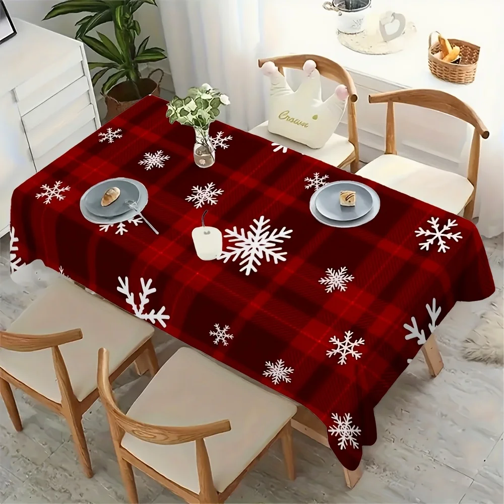 Xmas Check Tablecloth, Red Plaid Background With White Snowflake Pattern,Waterproof Table Cover for Daily Meals & Home Party Use