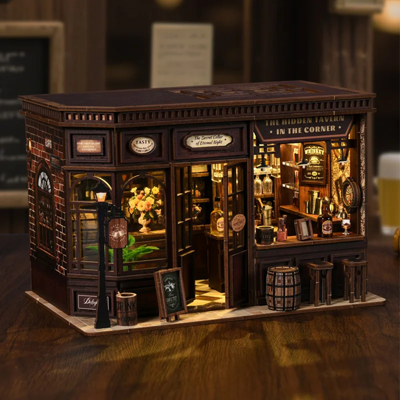 ชุดตัวต่อไม้สร้างโมเดลบ้านไมโครแลนด์สเคป ร้านเหล้าขนาดเล็ก DIY ประกอบเอง ของเล่นสร้างสรรค์ 3 มิติ