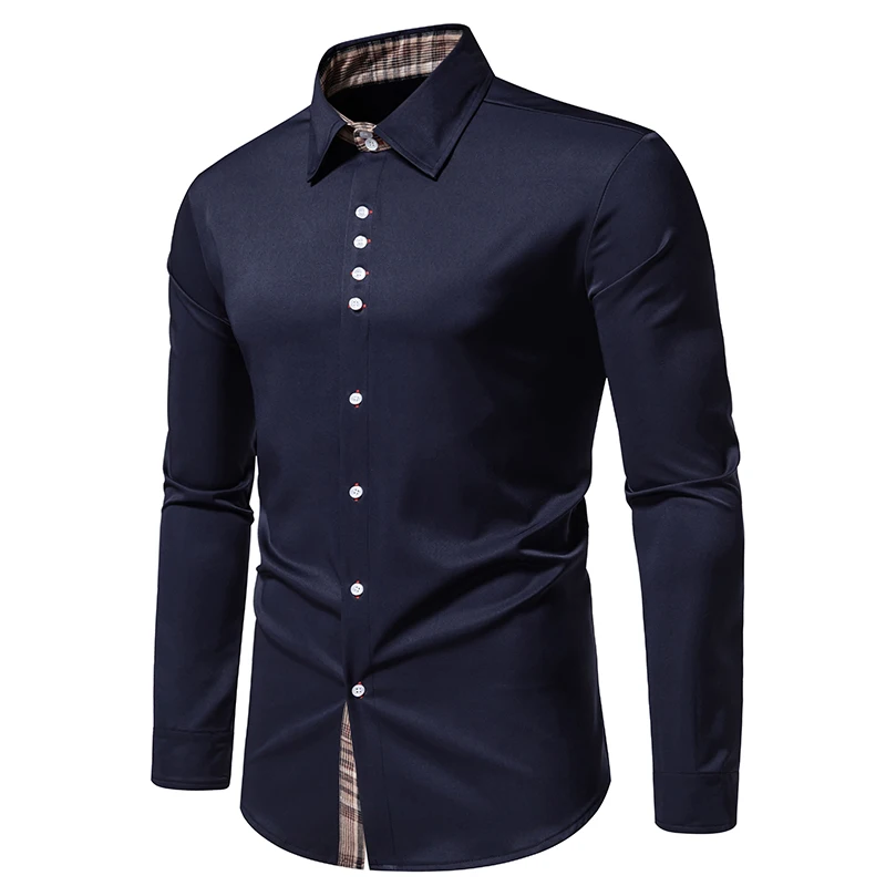 Plaid Color Block Navy Shirt Men 2024 Spring New Slim Fit Long Sleeve Mens Dress Shirts Party Casual Male Social Shirt