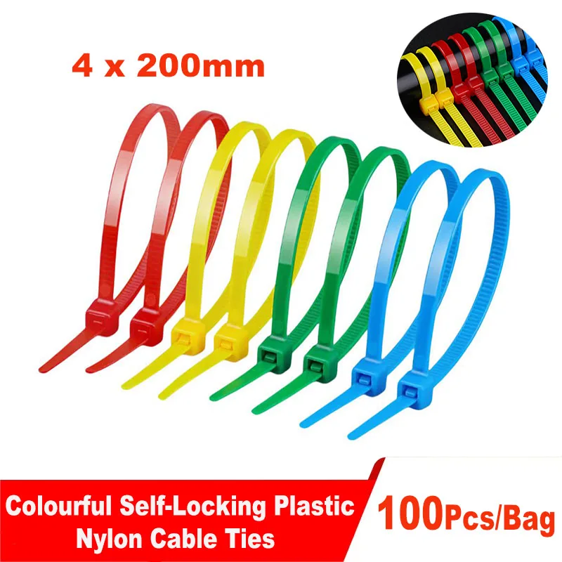 200/100Pcs Colourful Nylon Ties 4X200mm Adjustable Self-Locking Wire Fixing Ring Ties For Home Office Industrial Supplies