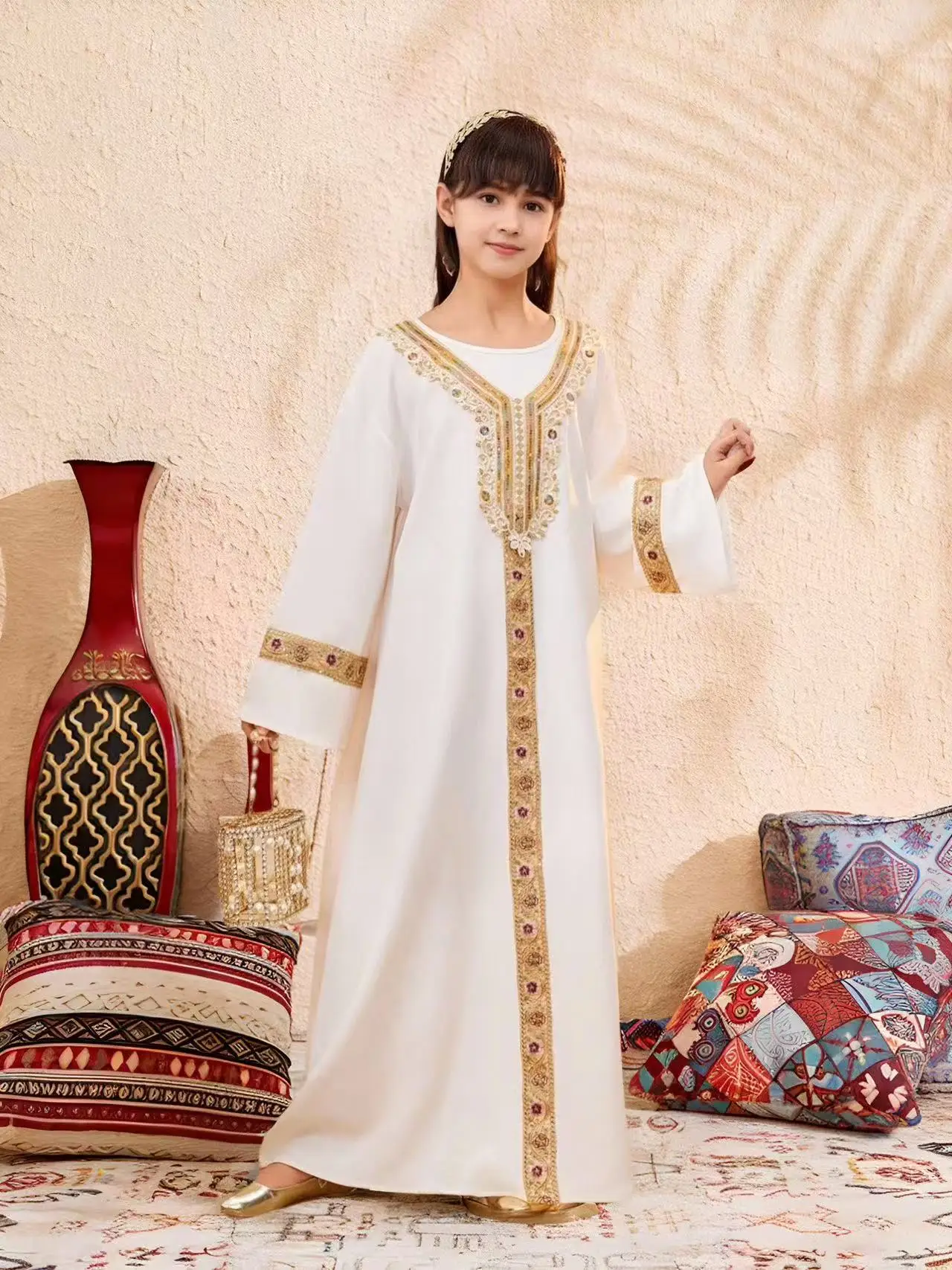 

Girls' Gold Lace Dress Spring Autumn Long Sleeve Loose Maxi Gown Kids Elegant Party Formal Wear for 8-12Y Kids Clothing