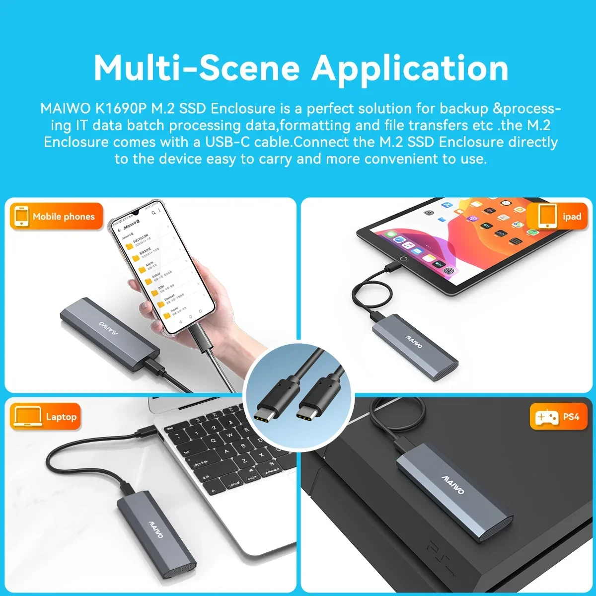 MAIWO M.2 SATA NVMe Enclosure 10Gbps Casing SSD Eksternal Tipe C USB 3.1 Gen 2 Kotak Hard Drive Disk untuk PCie NVMe SSD dan SATA SSD