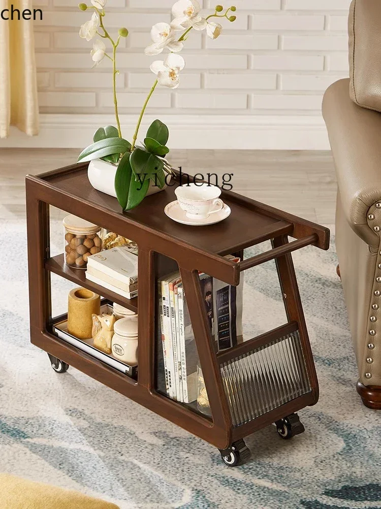 ZML中世風無垢材カートソファサイドキャビネットモバイルコーヒーテーブル（キャスター付き）ブラックウォルナットダイニングカーホーム