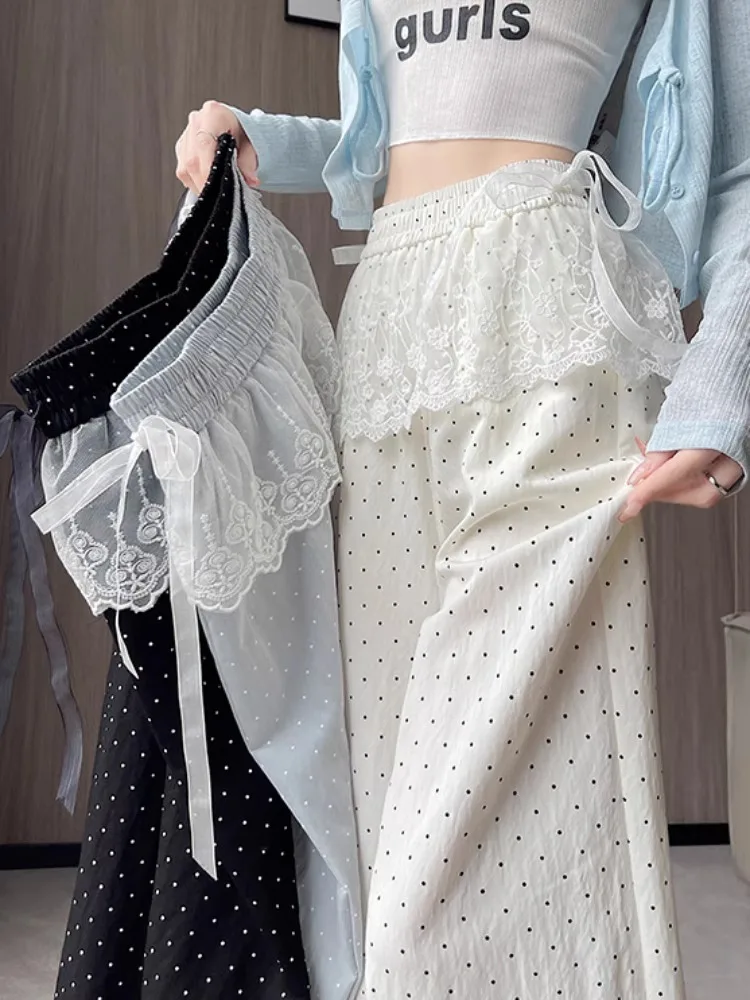 Sweet Lace Lyocell Loose Wide Leg Pants Women Summer White Design Polka Dot Casual Straight Leg Trousers High Waist Elastic W...