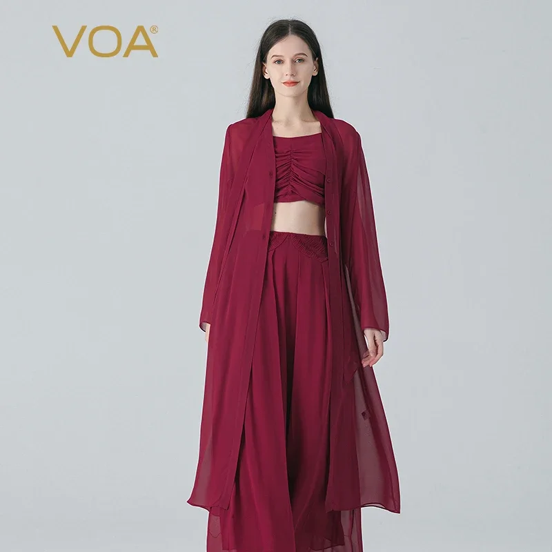 

VOA Шелковый Жоржет Винно-красный Шарф Воротник С Длинным Рукавом Тонкое Женское Пальто Простое Хорошее Качество Свободный Шелковый Тренч Лето FE357