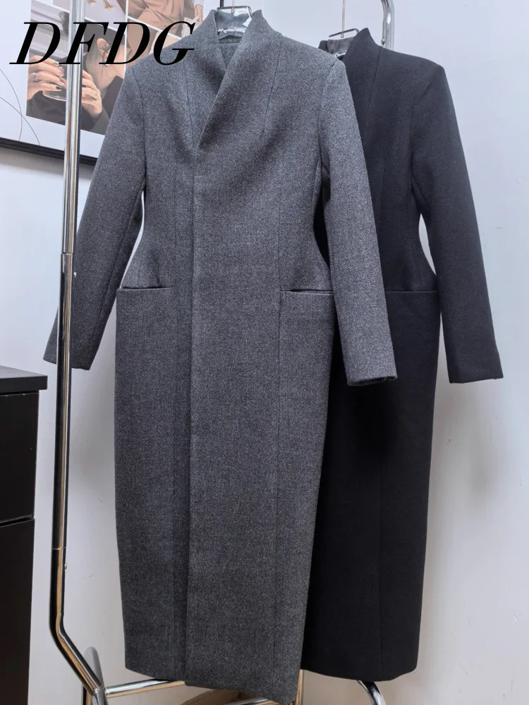 DFDG Women's 2025 Elegant Hourglass Wool Coat Single-Breasted Thickened Tweed Jacket Mid-Length Over Knee Semi-High V-Neck Coat