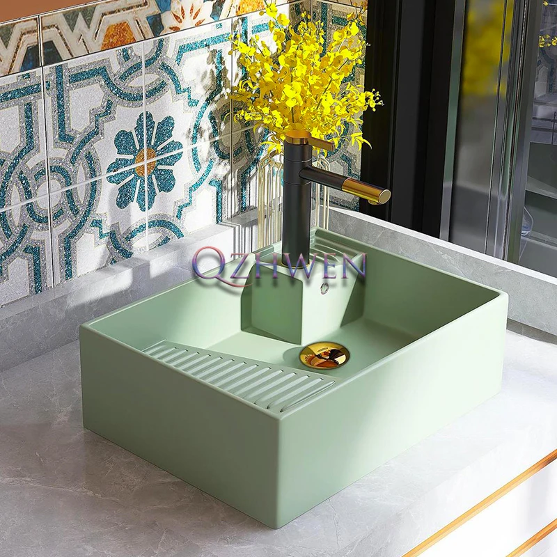 Fruit Green Ceramic Washbasin Washing Machine Side Sink With Washboard Bathroom Countertop Wash Basin Single Hole 50*37.5*16cm