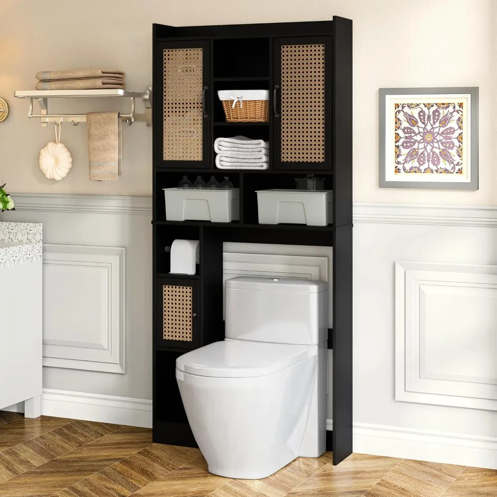 

Rattan Toilet Storage Cabinet, Freestanding Above Toilet Storage Cabinet, Wood Over Bathroom Organizer Toilet Shelf