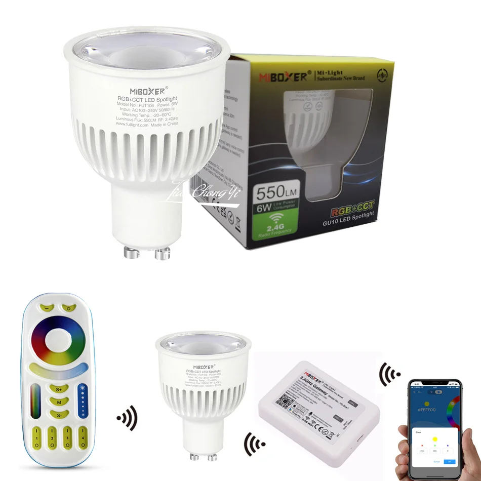 

GU10 6W RGB+CCT LED Spotlight FUT106 RGBCCT Dimmable Bulb 85-265V FUT092 RF 2.4G Remote WL-Box1 WiFi Wireless Control set