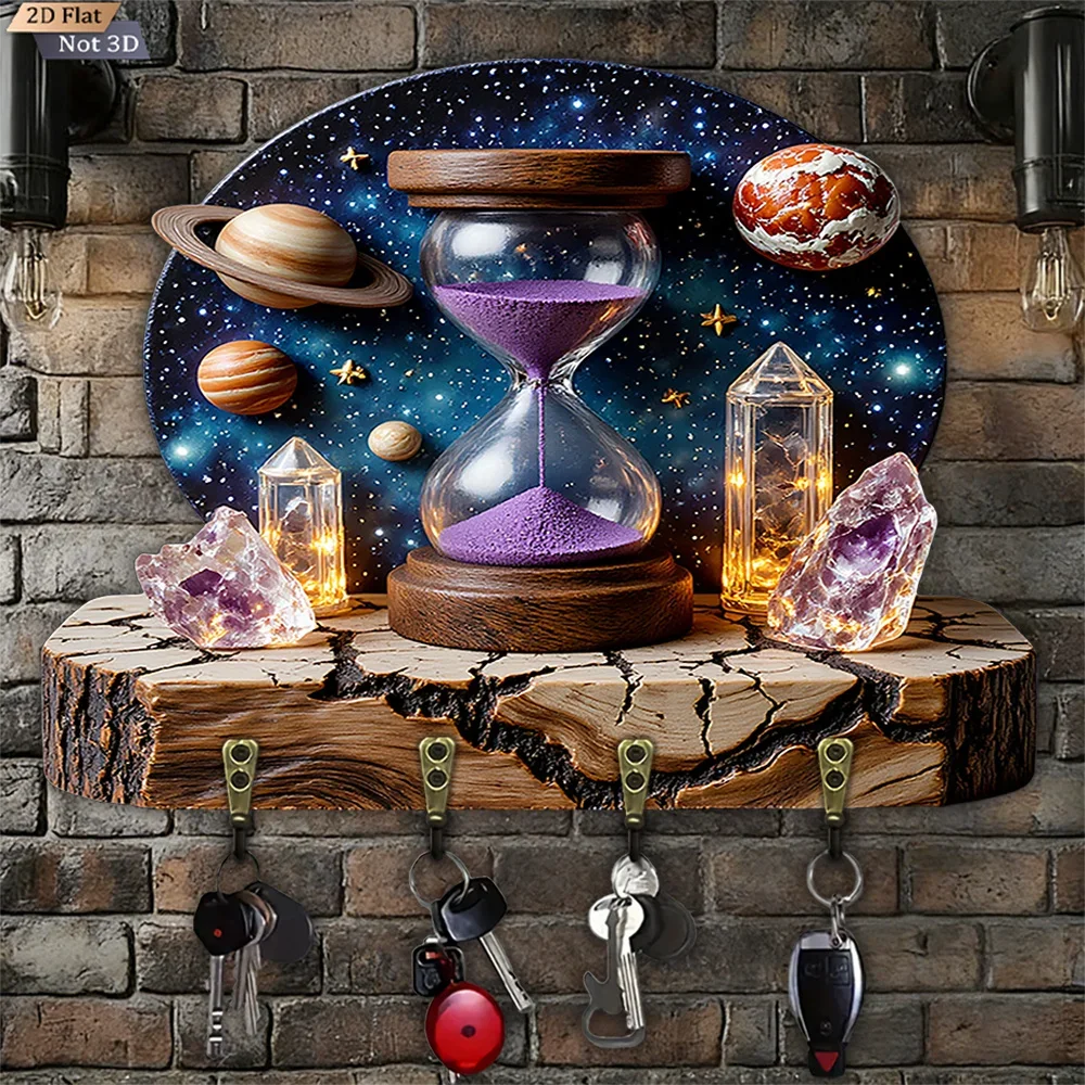 2D Flat, 1pc, Cosmic Amethyst Hourglass Key Hook, Wooden Multifunctional Household Key Hook, with Four Metal Hooks, Wall Decor,