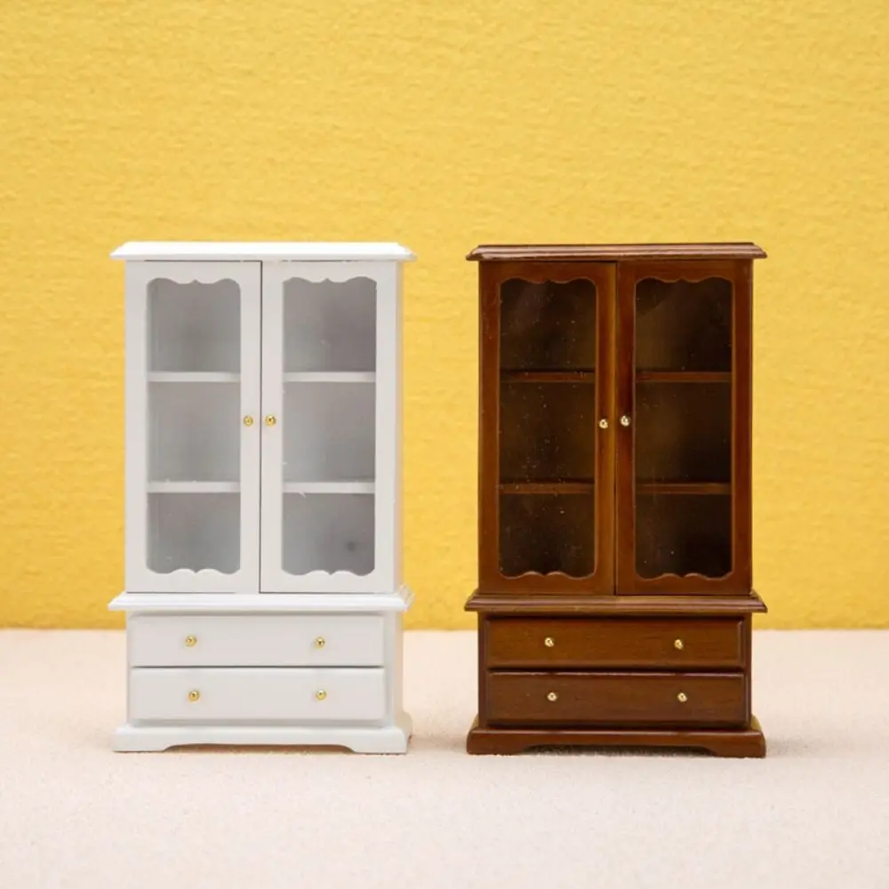 1:12 Miniature Furniture Model Wooden Three Layer Pretend Play Toy Display Cabinet Double Door Doll House Accessories Party